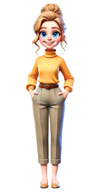 Fräulein KI, animierte Figur mit blonden Haaren, gelbem Rollkragenpullover und beige Hose, lächelnd und mit Händen in den Taschen.