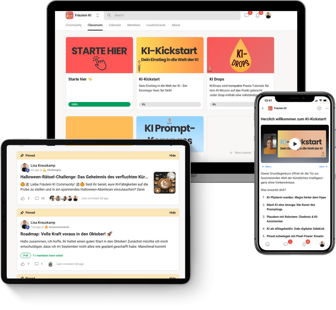 Fräulein KI Online-Lernplattform auf verschiedenen Geräten: Desktop zeigt Kursübersicht mit KI-Kickstart, KI-Drops und Prompt-Kurs, Tablet mit Community-Bereich und iPhone mit Kursdetails - moderne, benutzerfreundliche Oberfläche.